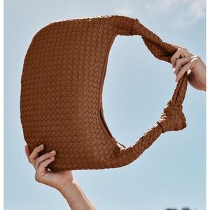 Quince Italian Leather Handwoven Slouchy Shoulder Bag in Cognac